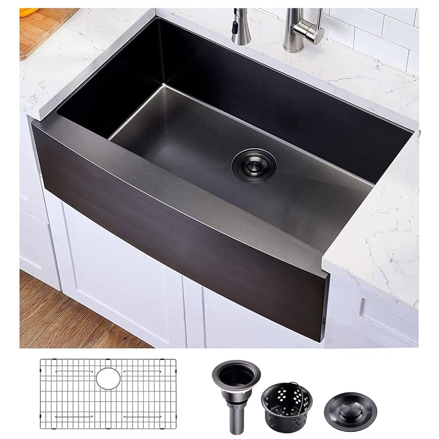 Hotis Black Farmhouse Sink, 33 Inch Farm Sink, Apron-Front